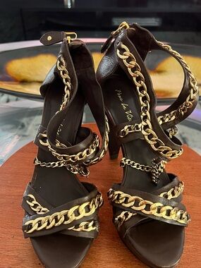 Women's Brown Leather Chain-Strap Heeled Sandals